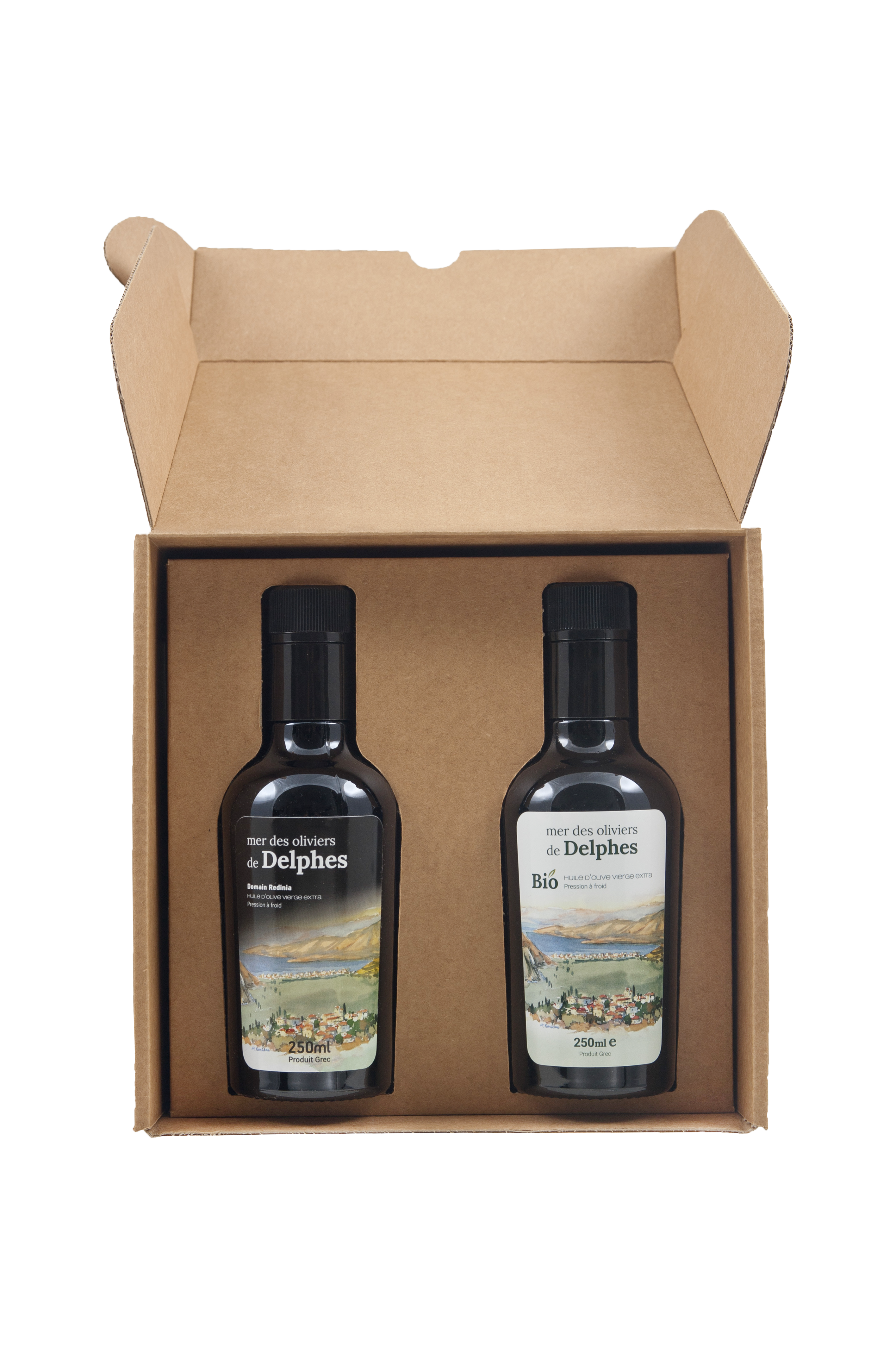 Coffret Cadeau : Huile d'olive extra vierge 2 X 250ml, 1 X BIO + 1 X  naturelle – mer des oliviers de Delphes