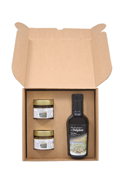 Coffret Cadeau : Huile d'olive extra vierge 250ml et 2 X 100g tapenades - noir et vert