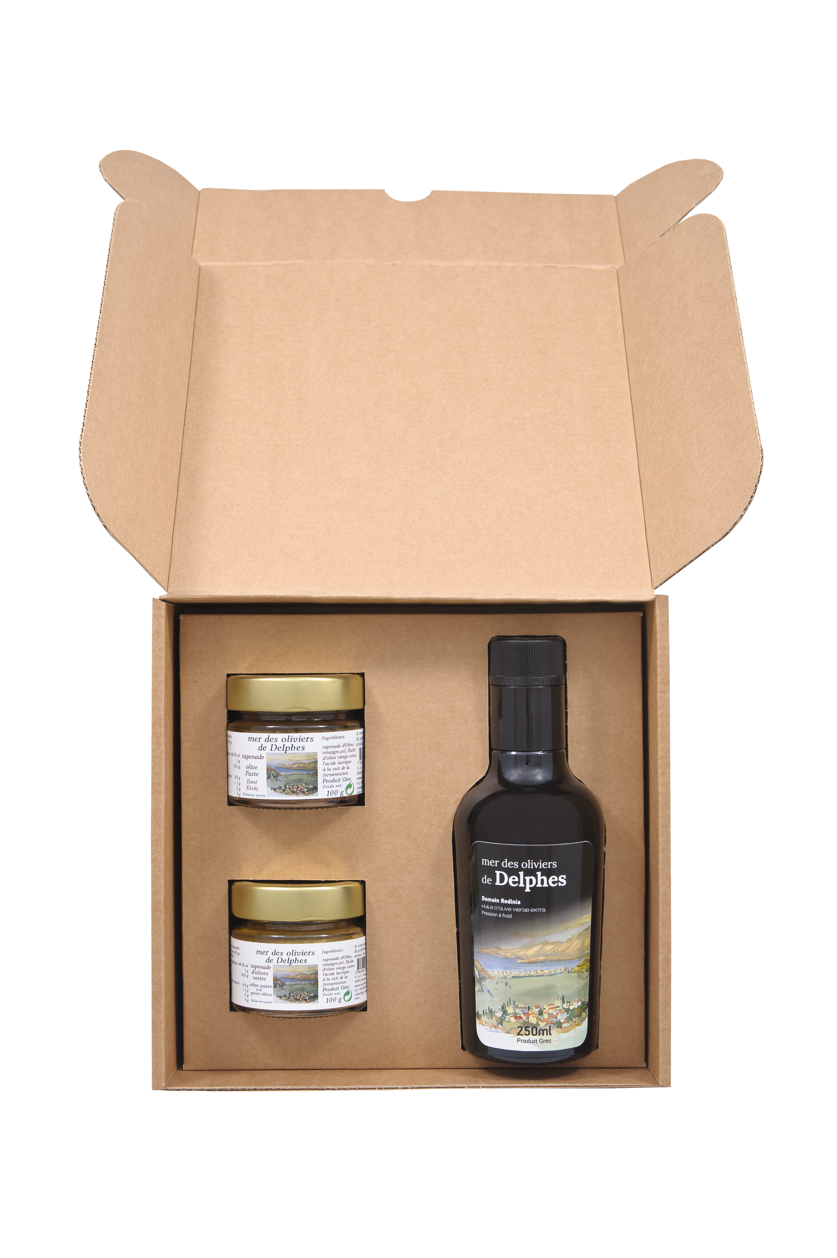 Coffret 1 Huile d'olive Grande Réserve, 1 Pot Olives Piment et 1 Pot  Spécialité Tapenade Tomate